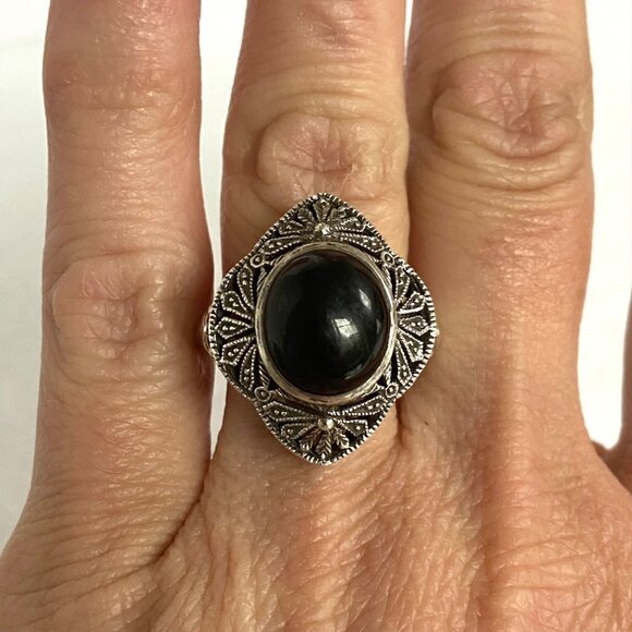 Sterling Silver 925 Thailand Scrollwork Filigree Oval Black Onyx Ring Sz 6.75 - Picture 1 of 16